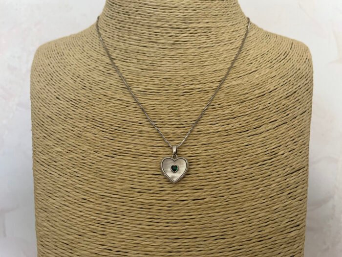 Necklace- Misa Groovy Heart Silver with Emerald Pendant with Silver Snake Chain