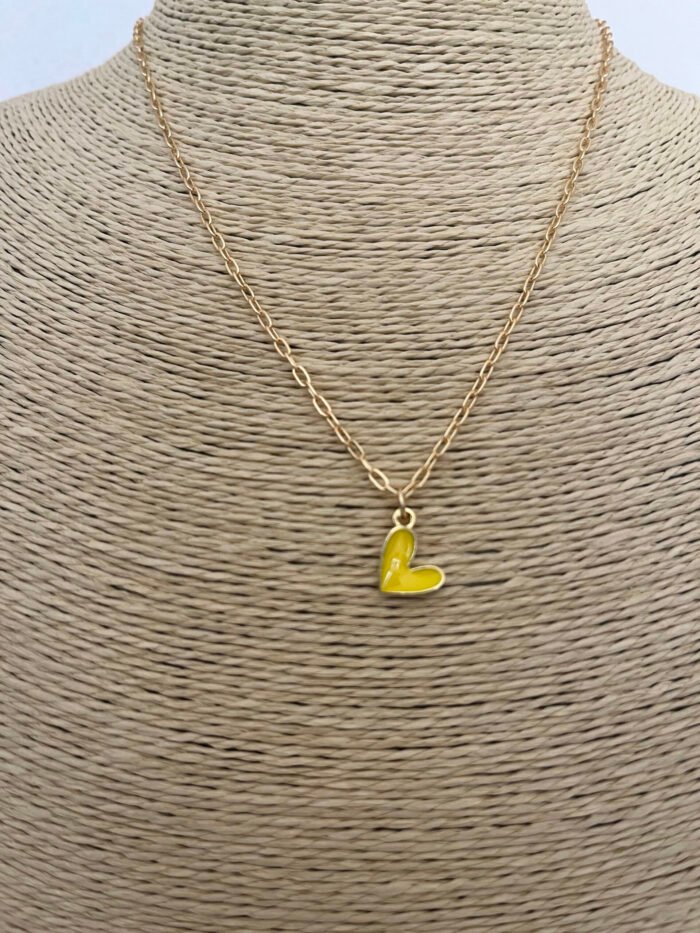 Necklace- Misa Groovy Heart Gold enamel Pendant- Yellow with Gold Link Chain