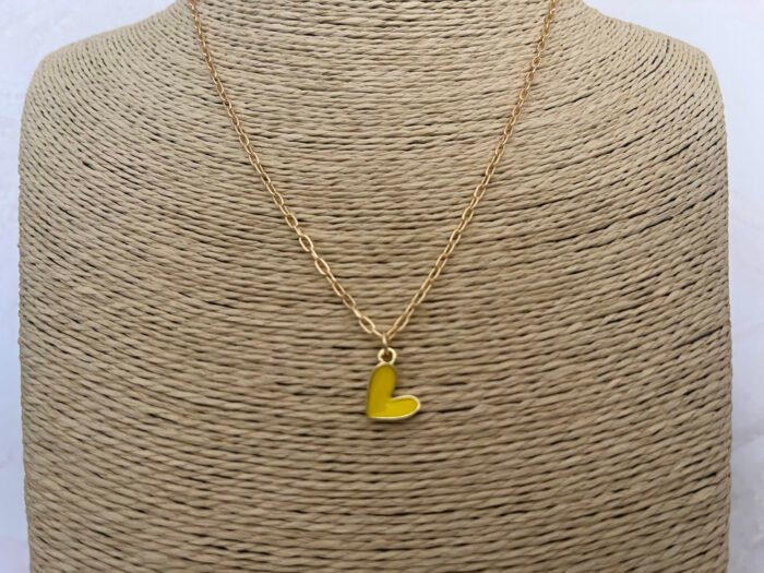 Necklace- Misa Groovy Heart Gold enamel Pendant- Yellow with Gold Link Chain - Image 3