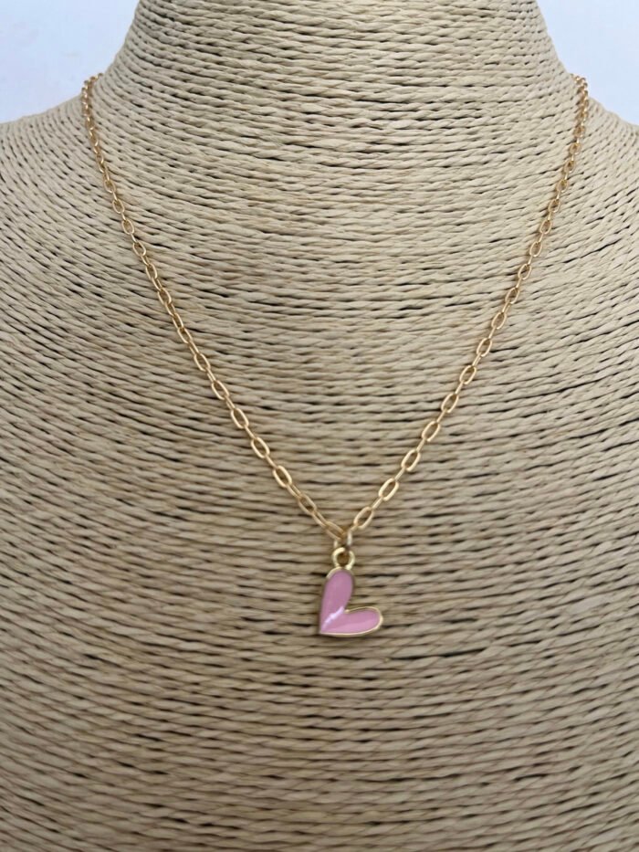 Necklace- Misa Groovy Heart Gold enamel Pendant- Pink with Gold Link Chain
