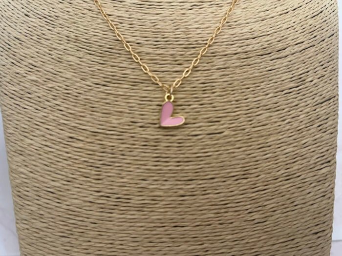 Necklace- Misa Groovy Heart Gold enamel Pendant- Pink with Gold Link Chain - Image 3