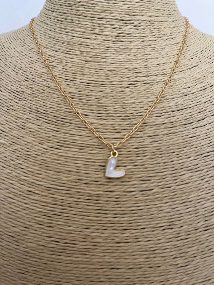 Necklace- Misa Groovy Heart Gold enamel Pendant- White with Gold Link Chain
