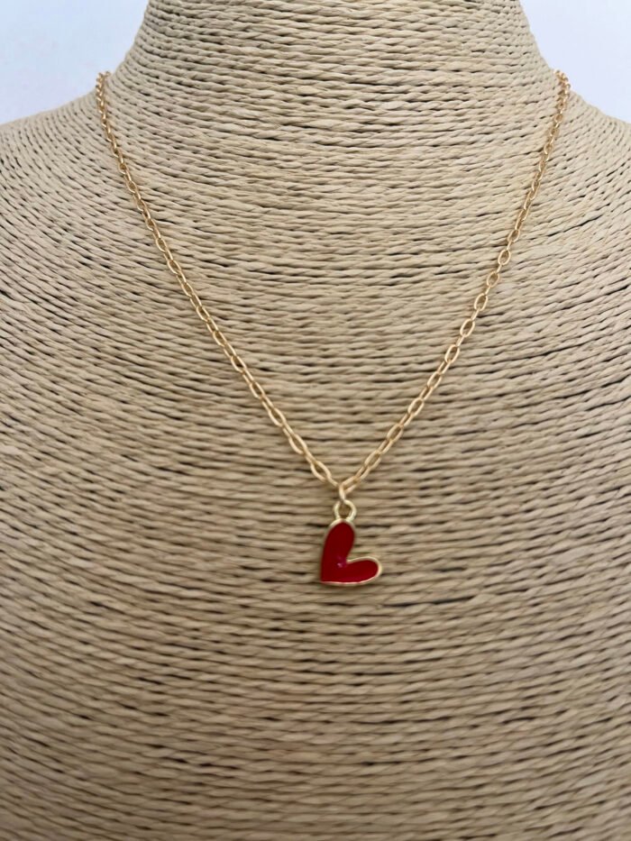 Necklace- Misa Groovy Heart Gold enamel Pendant- Red with Gold Link Chain - Image 2