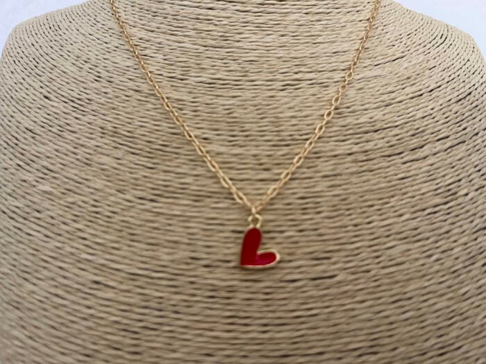 Necklace- Misa Groovy Heart Gold enamel Pendant- Red with Gold Link Chain