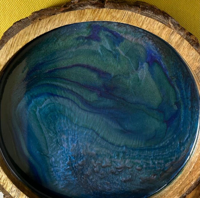 Misa Allium Round Wooden Tray- Peacock feather colors - Image 2