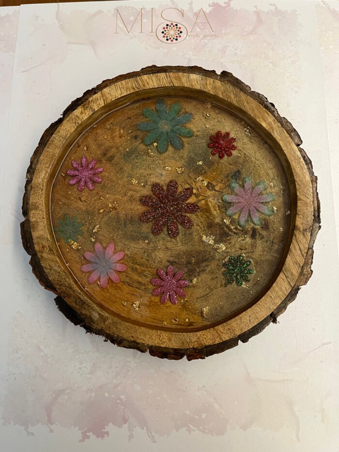Misa Allium Round Wooden Tray- Red, Green, Pink & Blue Resin flowers with Gold flakes