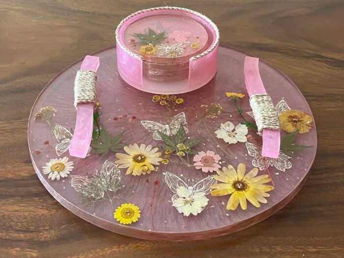 Misa Allium Place Tray & Coaster Set- Pink with Dried flowers - Image 4
