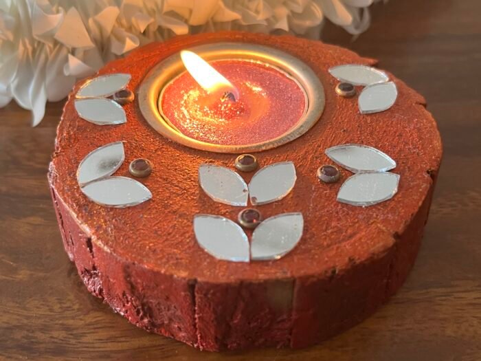 Misa Round Wooden T-lite Holder- Brown with Mirrors - Image 2