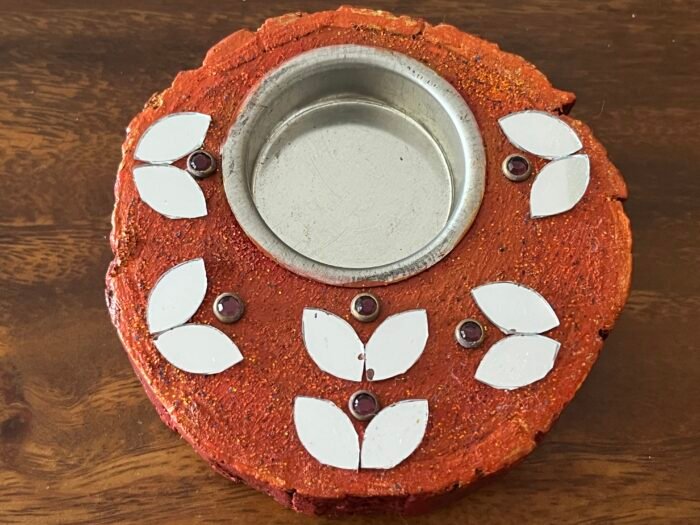 Misa Round Wooden T-lite Holder- Brown with Mirrors