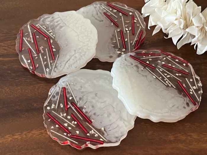 Misa Allium Agate Coasters/T-Lite Holder- Pearl White, Red & Silver Rods