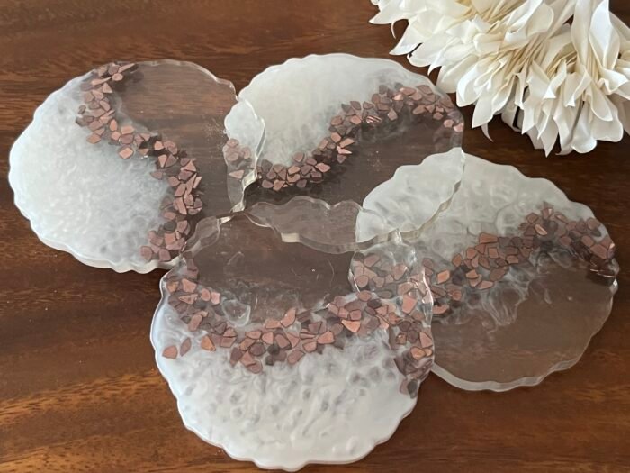 Misa Allium Agate Coasters/T-Lite Holder- Pearl White, Bronze bits - Image 3