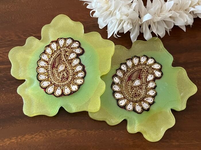 Misa Flora Coasters- Lime Green with Golden Paisley - Image 2