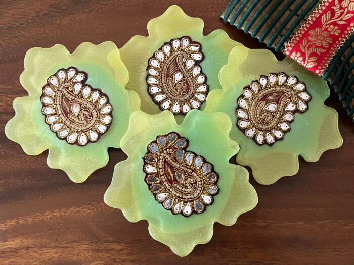 Misa Flora Coasters- Lime Green with Golden Paisley