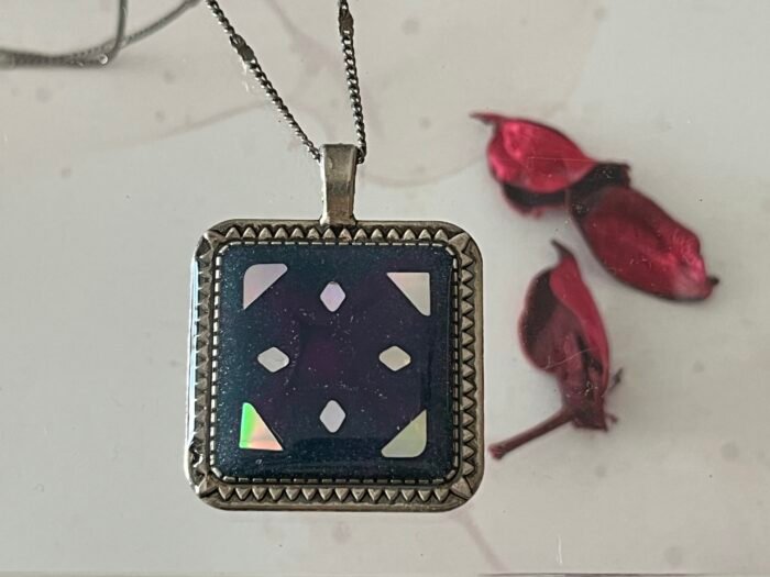 Necklace- Misa Cornus Pendant with Fancy Silver Chain- Blue, Silver, Holographic design