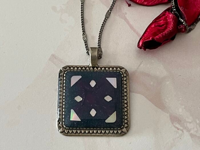 Necklace- Misa Cornus Pendant with Fancy Silver Chain- Blue, Silver, Holographic design - Image 2