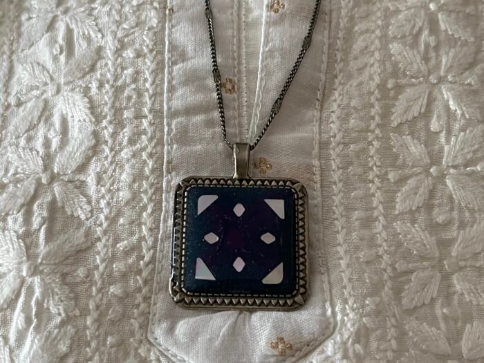 Necklace- Misa Cornus Pendant with Fancy Silver Chain- Blue, Silver, Holographic design - Image 3
