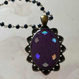 Necklace- Misa Achillea Pendant with Black Beaded Chain- Purple, Holographic design 5 IMG 6762