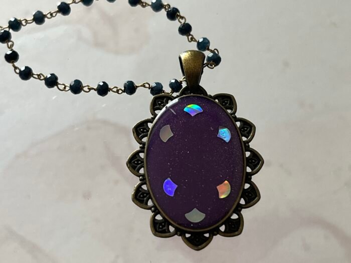 Necklace- Misa Achillea Pendant with Black Beaded Chain- Purple, Holographic design - Image 3