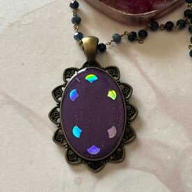 Necklace- Misa Achillea Pendant with Black Beaded Chain- Purple, Holographic design 3 IMG 6763