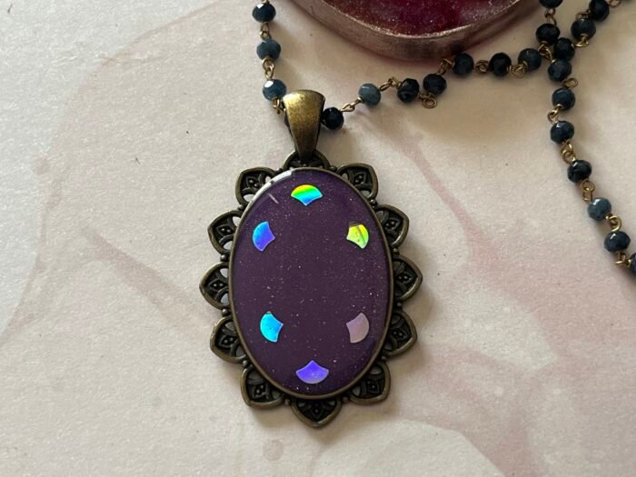 Necklace- Misa Achillea Pendant with Black Beaded Chain- Purple, Holographic design