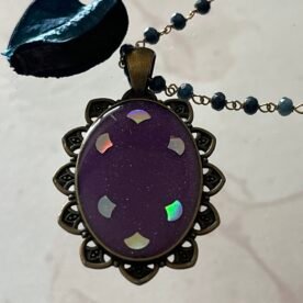Necklace- Misa Achillea Pendant with Black Beaded Chain- Purple, Holographic design 4 IMG 6767