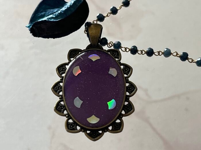 Necklace- Misa Achillea Pendant with Black Beaded Chain- Purple, Holographic design - Image 2