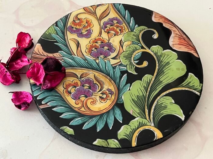Misa Allium Coaster- Black with Yellow Paisley Découpage