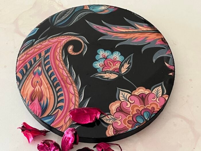 Misa Wooden Allium Coaster- Black with Pink Paisley Découpage