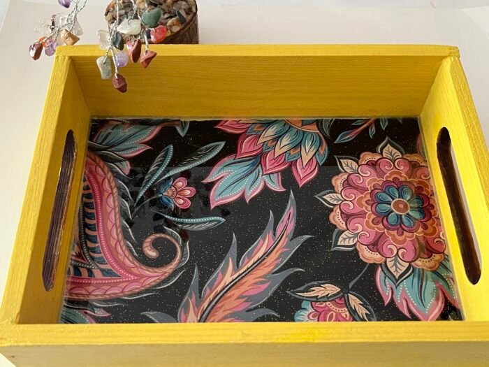 Misa Emerald Wooden Tray- Yellow with Black Floral Découpage - Image 2