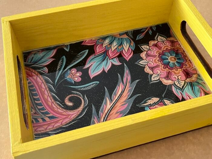 Misa Emerald Wooden Tray- Yellow with Black Floral Découpage - Image 3