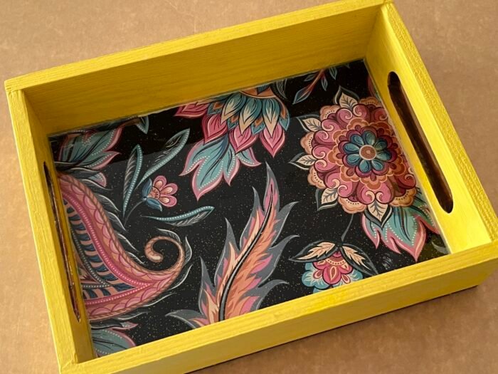 Misa Emerald Wooden Tray- Yellow with Black Floral Découpage
