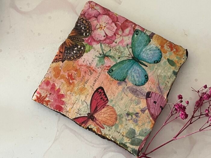 Misa Wooden Cornus Agate Coasters- Butterfly Découpage - Image 3