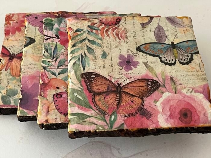 Misa Wooden Cornus Agate Coasters- Butterfly Découpage