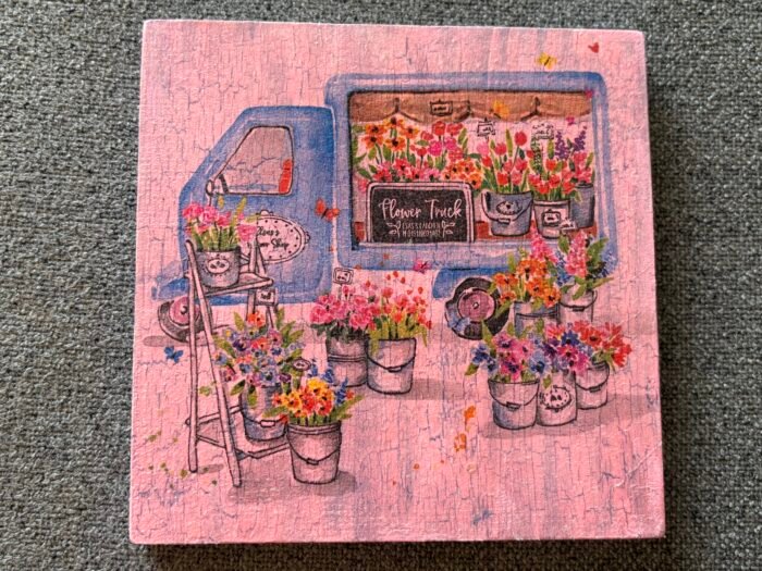 Misa Wooden Cornus Coaster- Pink Flower Truck Découpage - Image 4