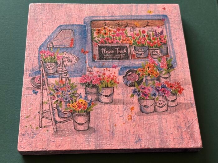 Misa Wooden Cornus Coaster- Pink Flower Truck Découpage