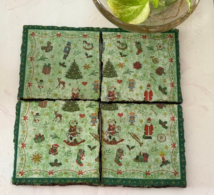 Misa Wooden Agate Cornus Coasters- Green Christmas Design Découpage - Image 2