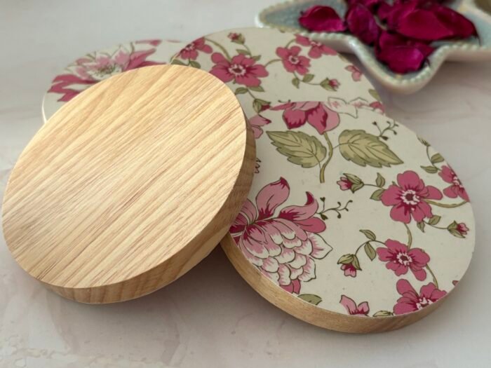 Misa Wooden Allium Coasters- Pink Floral Découpage - Image 2