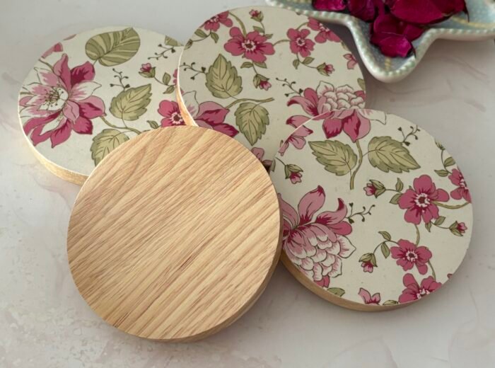 Misa Wooden Allium Coasters- Pink Floral Découpage - Image 4