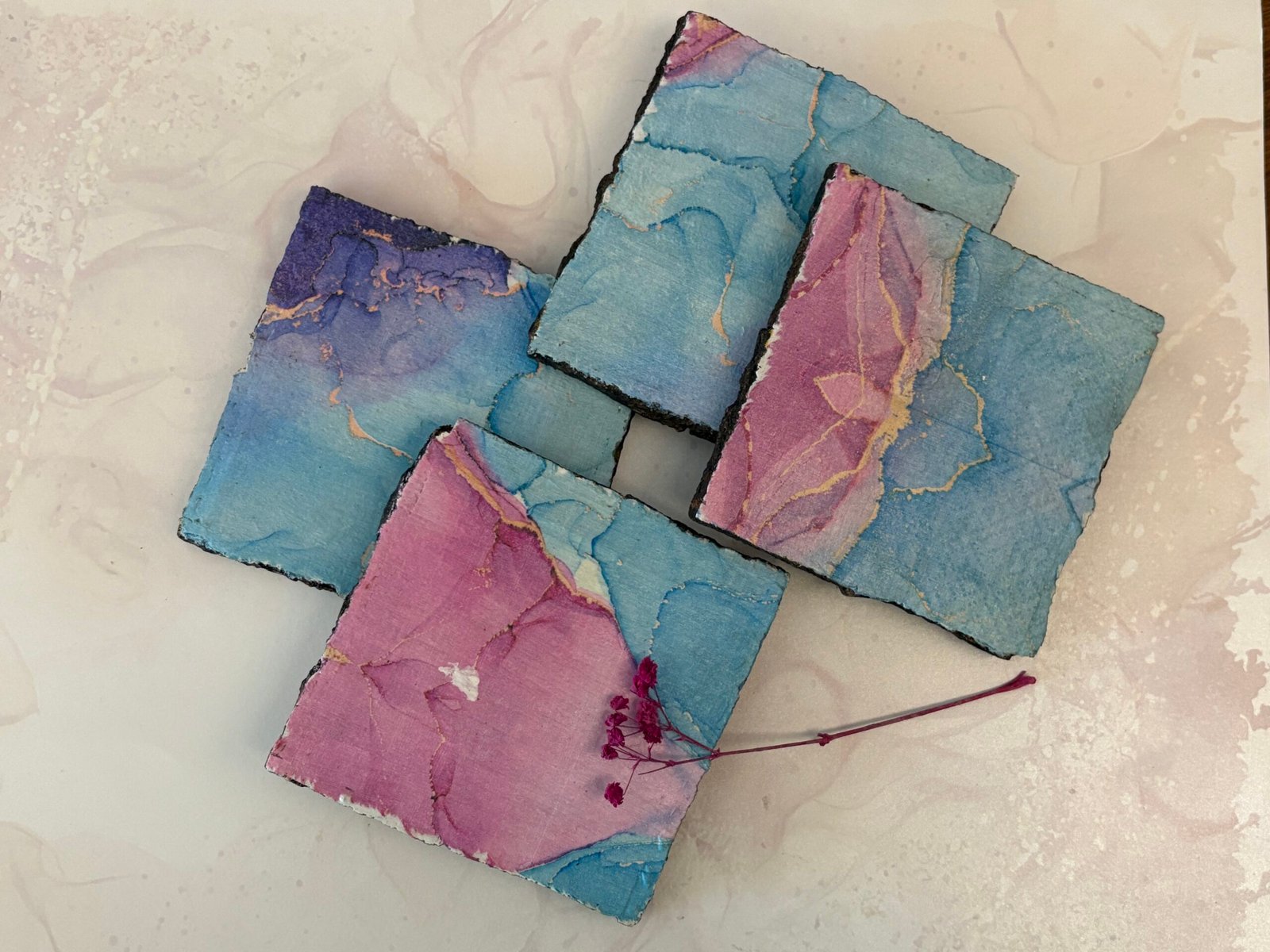 Misa Wooden Agate Cornus Coasters- Marble Effect (Pink, Blue, Purple) Découpage 6 Misa Wooden Agate Cornus Coasters- Marble Effect (Pink, Blue, Purple) Découpage - Image 5