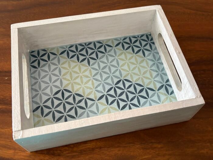 Misa Emerald Wooden Tray- Silver White with Geometric Découpage