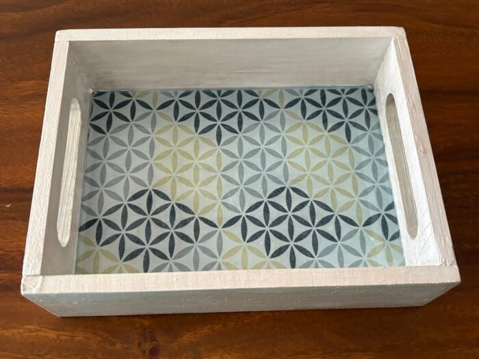 Misa Emerald Wooden Tray- Silver White with Geometric Découpage - Image 2