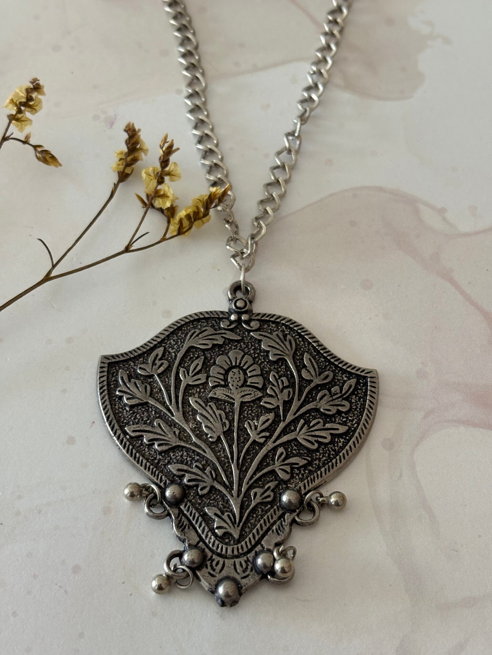 Misa Antique Blossom Shield Pendant Necklace 4 Misa Antique Blossom Shield Pendant Necklace - Image 3